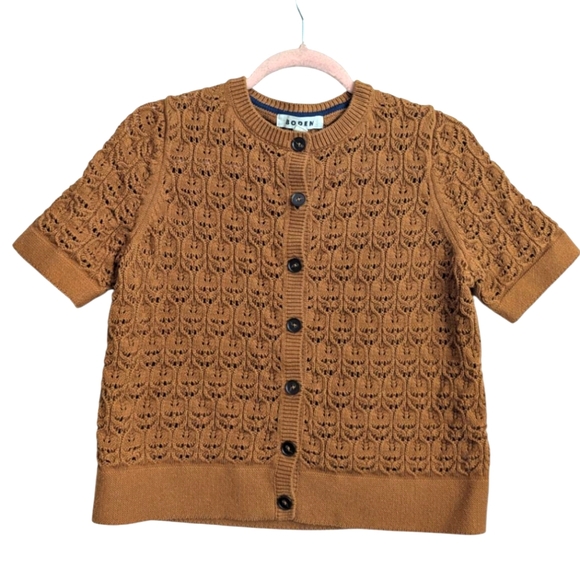Boden Brown Crochet Cropped Cardigan Women's Sz Medium Short Sleeve Button Front - Picture 9 of 9